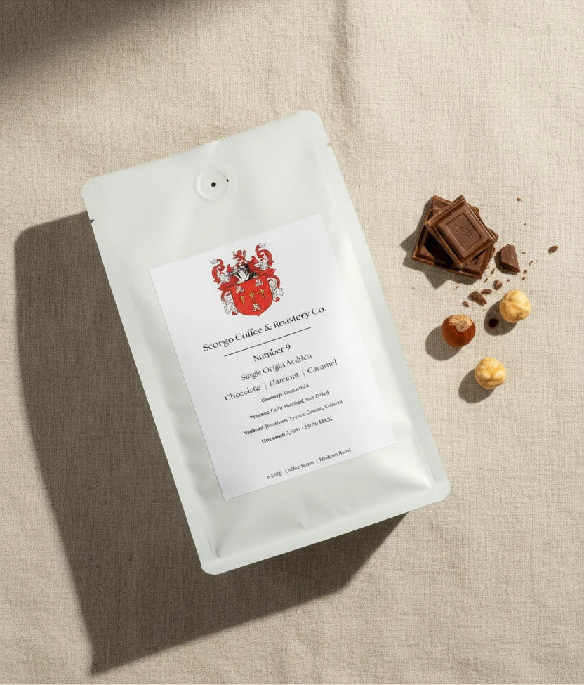 Scorgo Coffee & Roastery Co. Specialty coffee roasters in the UK. Scorgo Number 9. Chocolate, Hazelnut & Caramel.