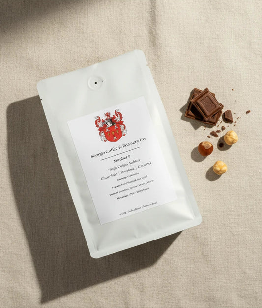 Scorgo Coffee & Roastery Co. Specialty coffee roasters in the UK. Scorgo Number 9. Chocolate, Hazelnut & Caramel.