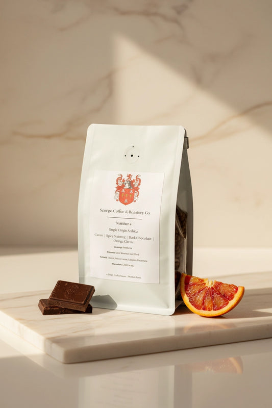 Scorgo Coffee & Roastery Co. Specialty coffee roasters in the UK. Scorgo Number 4. Cacau, Nutmeg, Chocolate & Orange Citrus.
