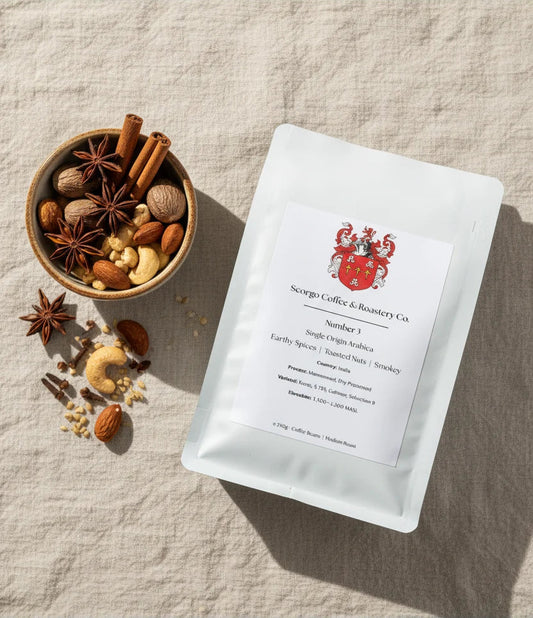 Scorgo Coffee & Roastery Co. Specialty coffee roasters in the UK. Scorgo Number 3. Earthy Spices, Nuts, Smoky.