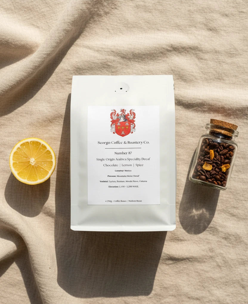 Scorgo Coffee & Roastery Co. Specialty coffee roasters in the UK. Scorgo Number 87. Chocolate, Lemon & Spice.