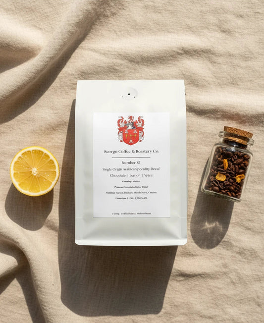 Scorgo Coffee & Roastery Co. Specialty coffee roasters in the UK. Scorgo Number 87. Chocolate, Lemon & Spice.