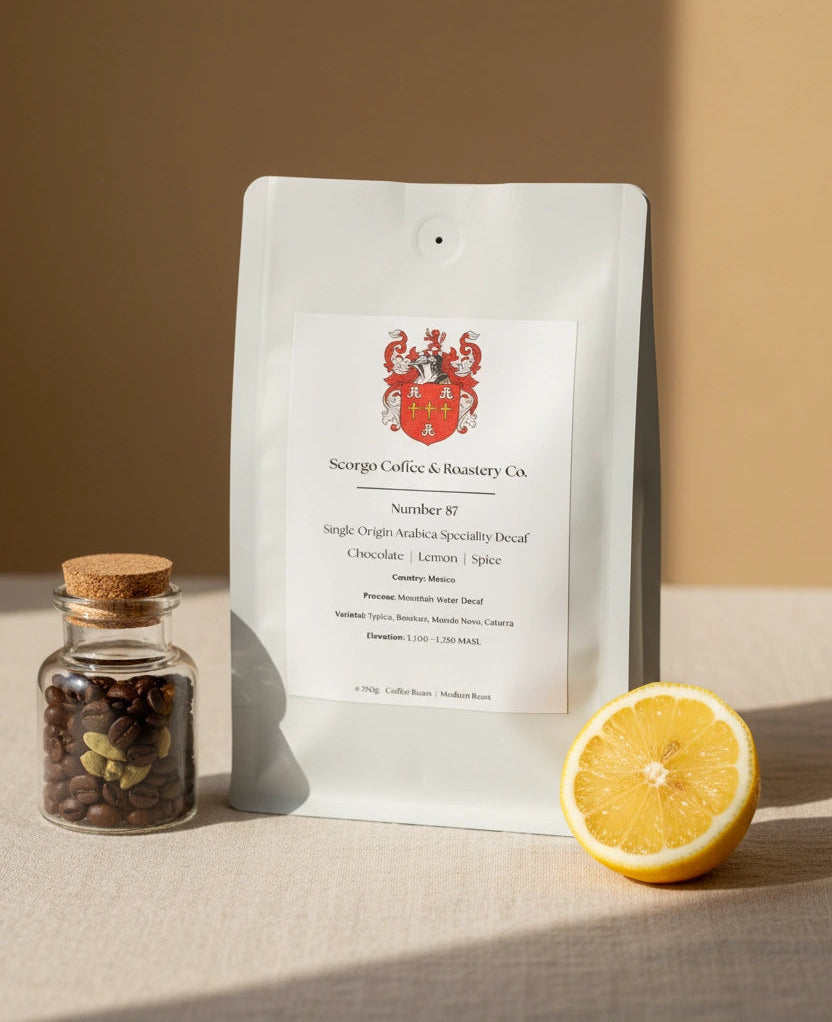 Scorgo Coffee & Roastery Co. Specialty coffee roasters in the UK. Scorgo Number 87. Chocolate, Lemon & Spice.