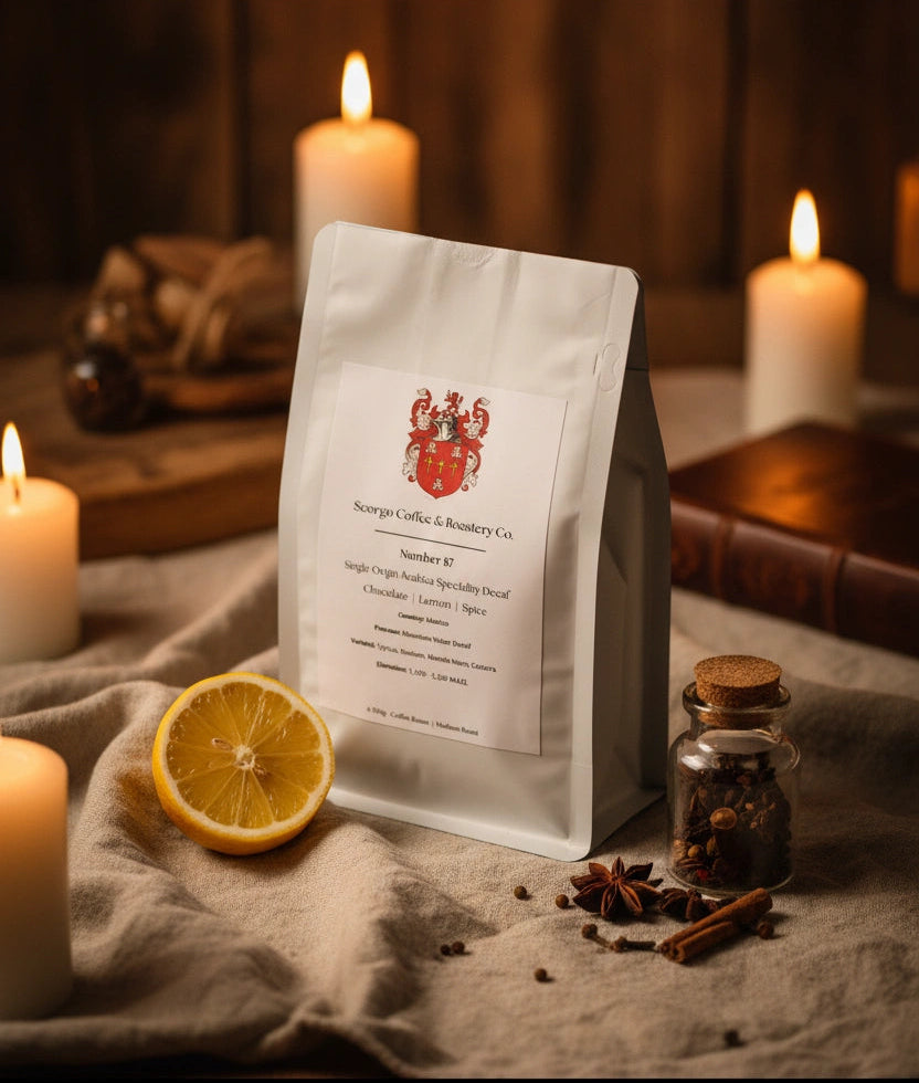 Scorgo Coffee & Roastery Co. Specialty coffee roasters in the UK. Scorgo Number 87. Chocolate, Lemon & Spice.