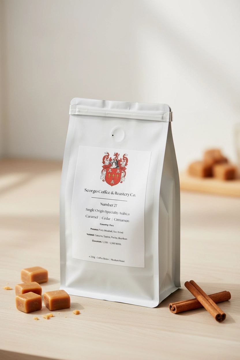 Scorgo Coffee & Roastery Co. Specialty coffee roasters in the UK. Scorgo Number 27. Caramel, Cedar & Cinnamon.