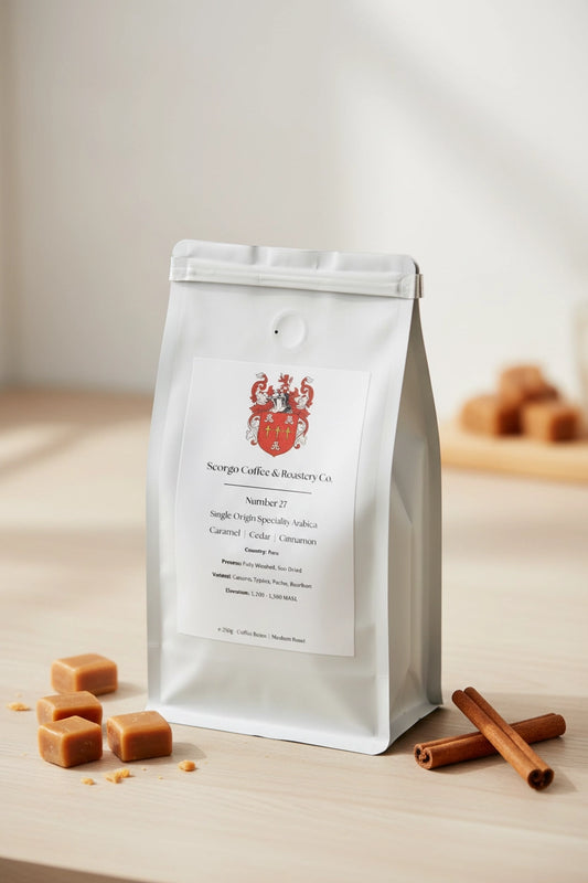 Scorgo Coffee & Roastery Co. Specialty coffee roasters in the UK. Scorgo Number 27. Caramel, Cedar & Cinnamon.