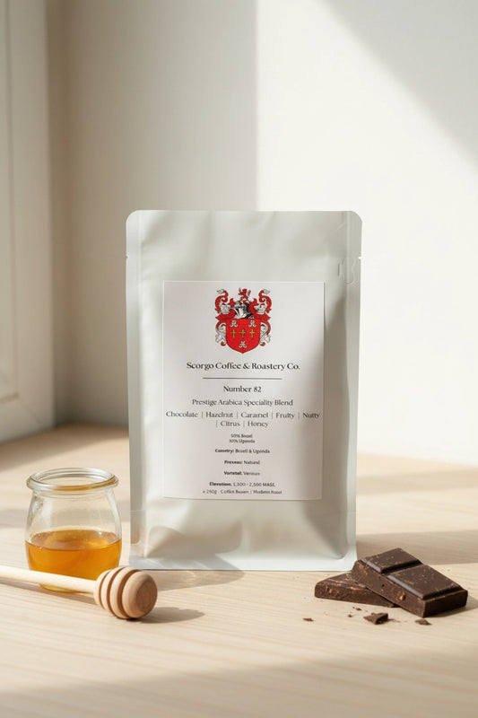 Scorgo Coffee & Roastery Co. Specialty coffee roasters in the UK. Scorgo Number 82 Prestige Blend. Brazil & Uganda.