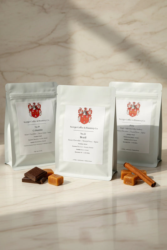 Scorgo Coffee & Roastery Co. Specialty coffee roasters in the UK. Scorgo Signature Bundle. Brazil, Peru & Colombia.