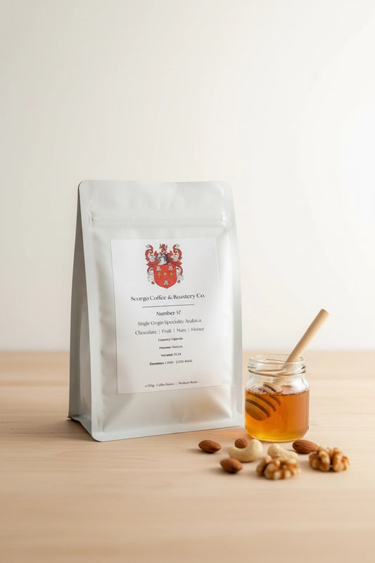 Scorgo Coffee & Roastery Co. Specialty coffee roasters in the UK. Scorgo Number 57. Chocolate, Fruit, Nuts & Honey.