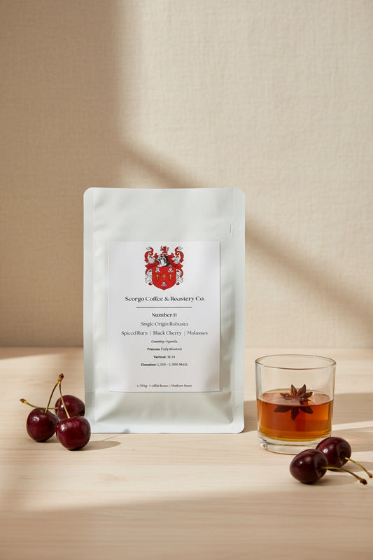 Scorgo Coffee & Roastery Co. Specialty coffee roasters in the UK. Scorgo Number 11. Spiced Rum, Black Cherry & Molasses.