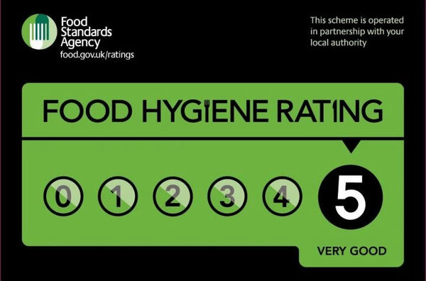 Food Standards Agency food hygiene rating sign with a five star rating for Scorgo Coffee & Roastery Co.